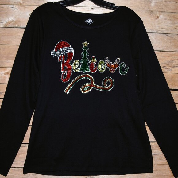 Christmas Believe rhinestone bling long sleeved shirt XS S M L XL XXL 1X… - Picture 4 of 8